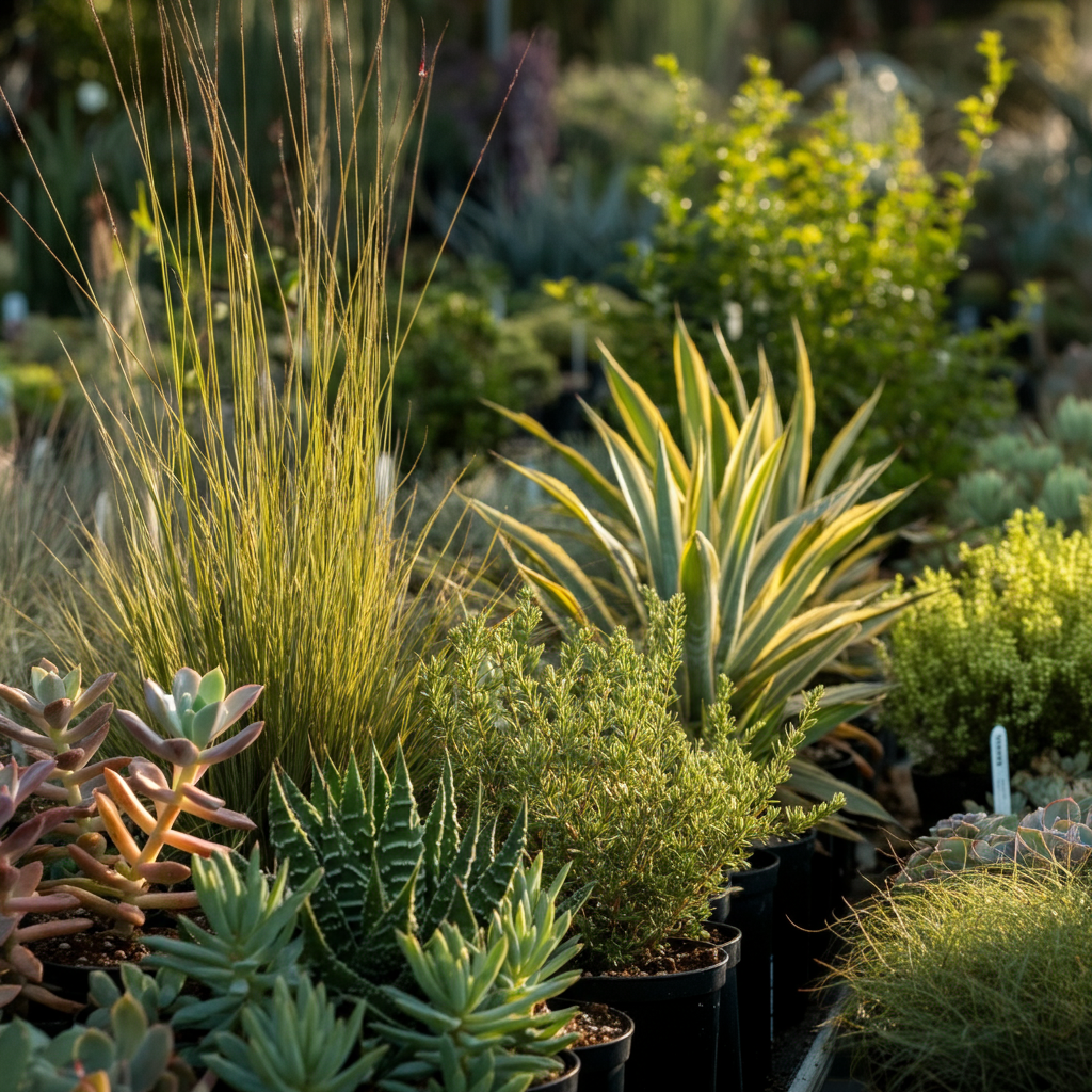 A vibrant close-up shot of a variety of drought-tolerant plants in a nursery. Focus on the textures of succulents, ornamental grasses, and flowering shrubs. The image is side-lit to emphasize the details and colors of the plants.