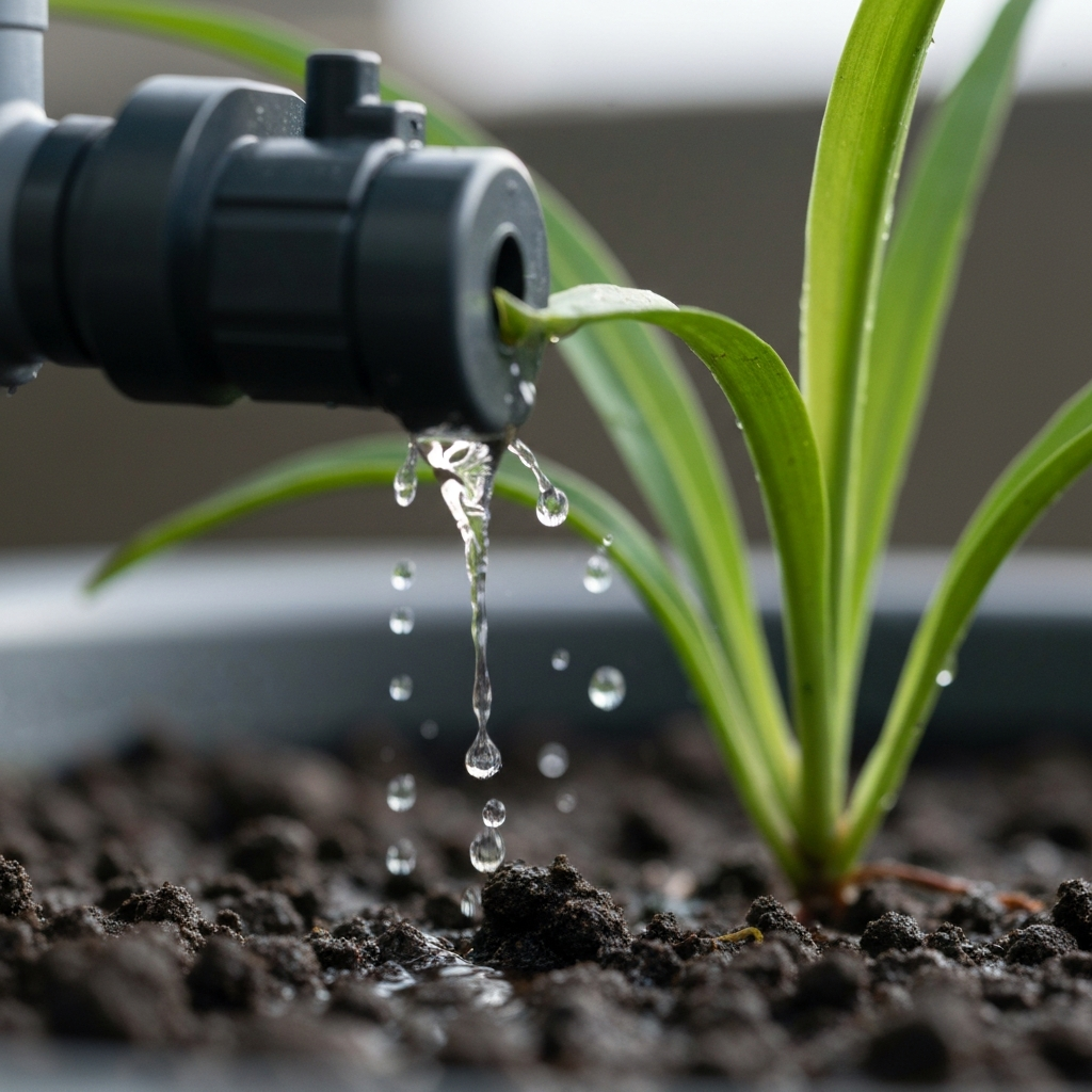 A close-up shot of a drip irrigation system in action. The water droplets are visible as they slowly drip onto the soil near the base of a plant. The lighting is soft and diffused, creating a sense of tranquility.