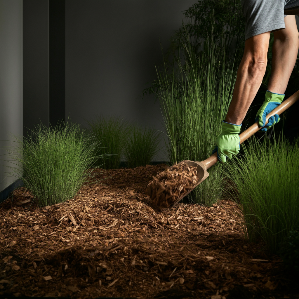 A side-lit image showing hands carefully spreading wood chip mulch around newly planted native grasses. The lighting highlights the texture of the mulch and the greenery of the plants.