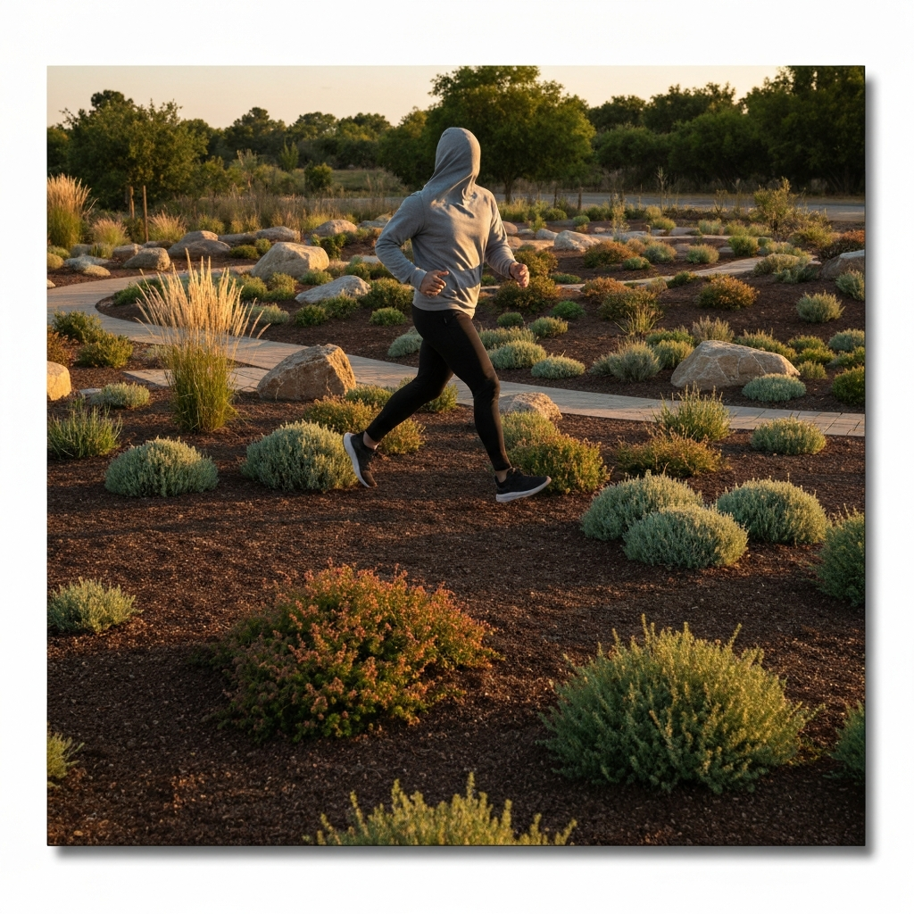 A wide shot of a completed drought-tolerant landscape, showcasing a variety of textures and colors. The scene is shot during the golden hour, with soft shadows and warm lighting. The focus is on the overall design and beauty of the landscape.