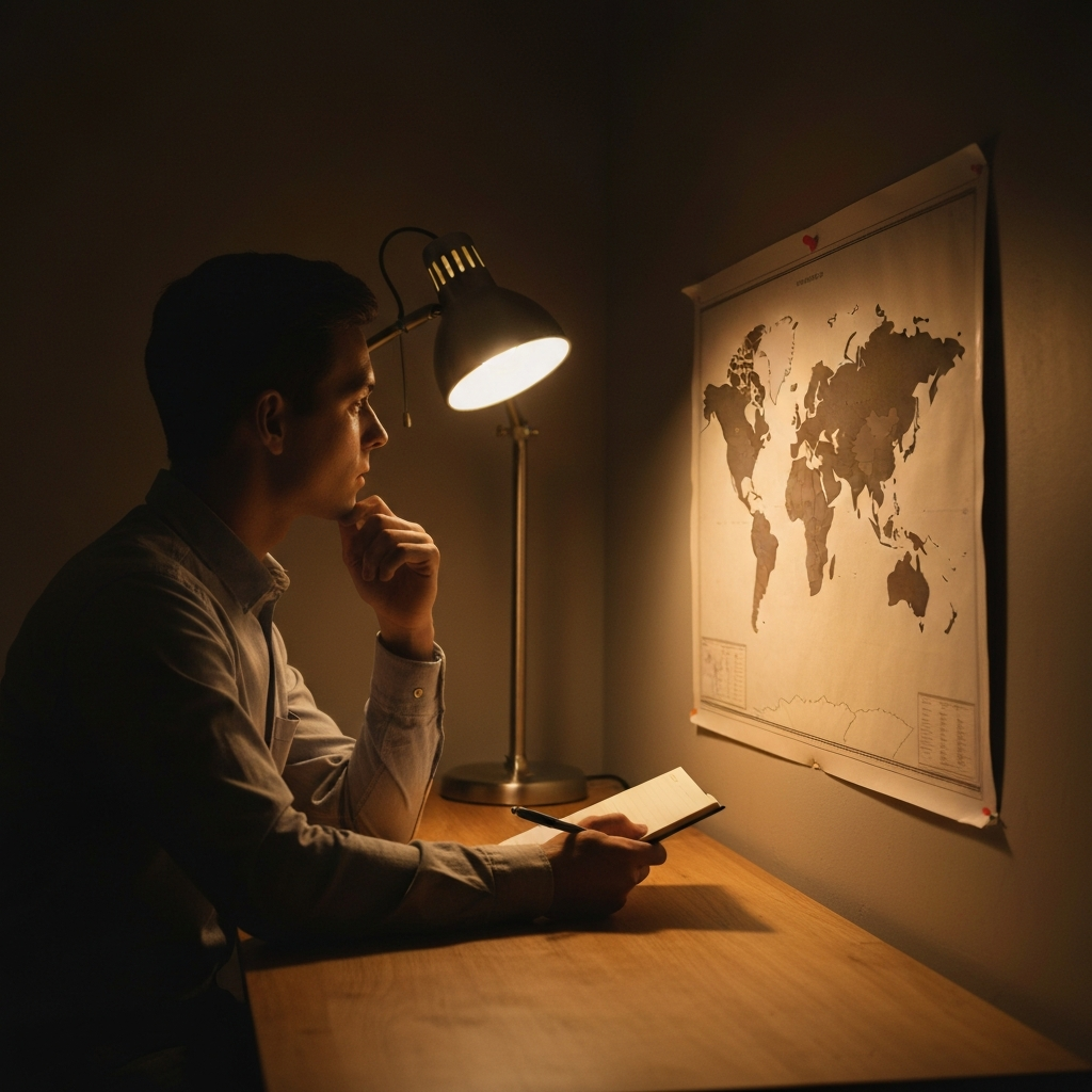 A person sitting at a wooden desk, illuminated by a warm desk lamp, looking at a world map pinned to the wall. They are holding a notebook and pen, appearing to be deep in thought. Soft focus on the map's textured paper.