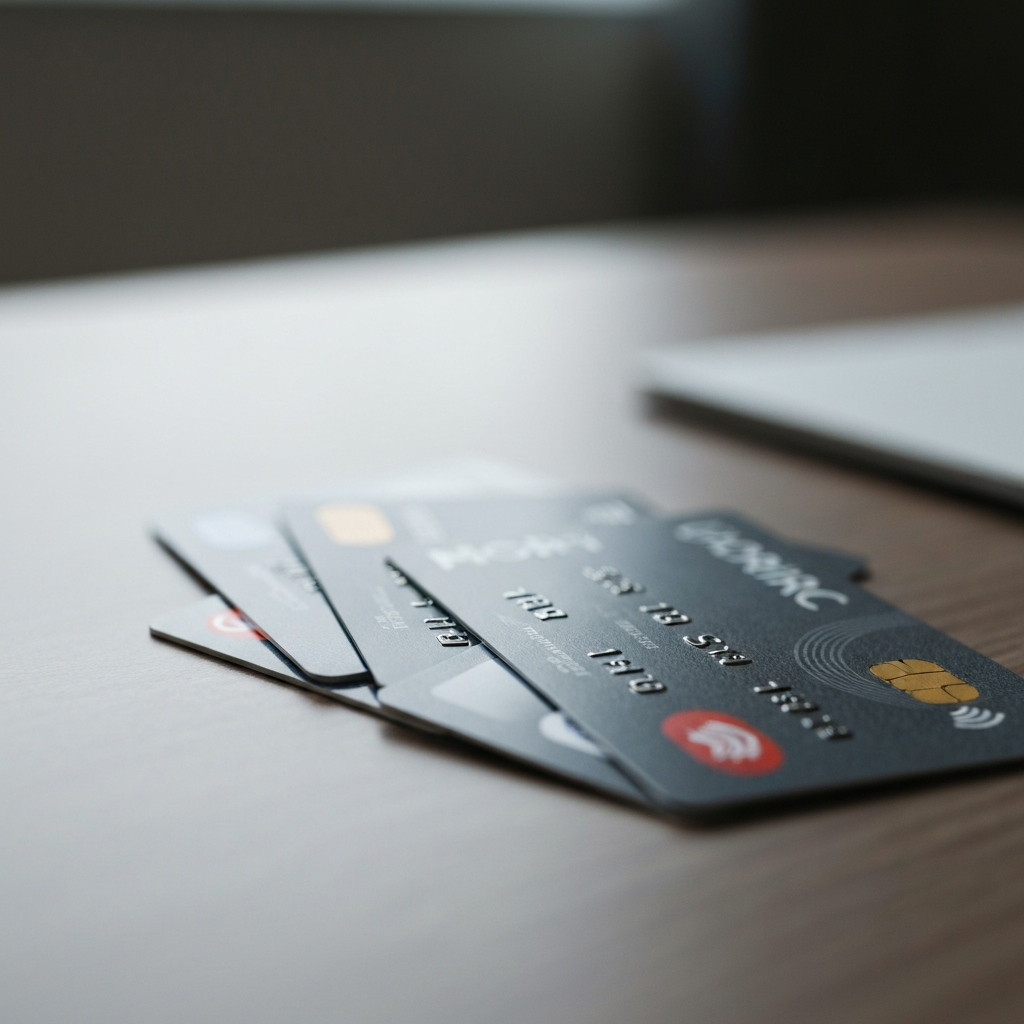 A close-up shot of several credit cards fanned out on a table. The cards have a clean, professional design, with subtle textures and embossed details. Soft lighting and shallow depth of field create a sense of depth and focus on the card logos.