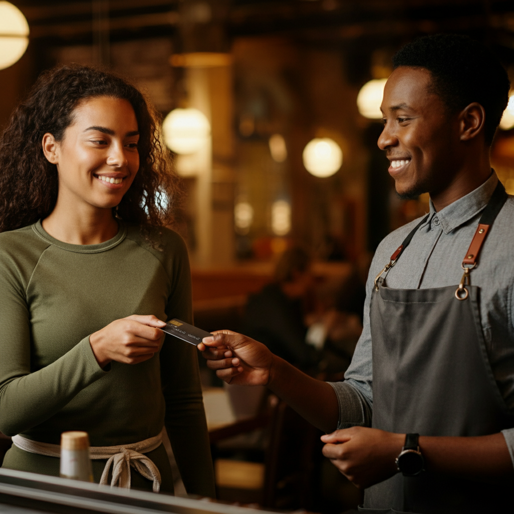 A person swiping a credit card at a restaurant. The cashier is smiling warmly. The background is slightly blurred, showing the ambiance of the restaurant with soft, golden lighting.