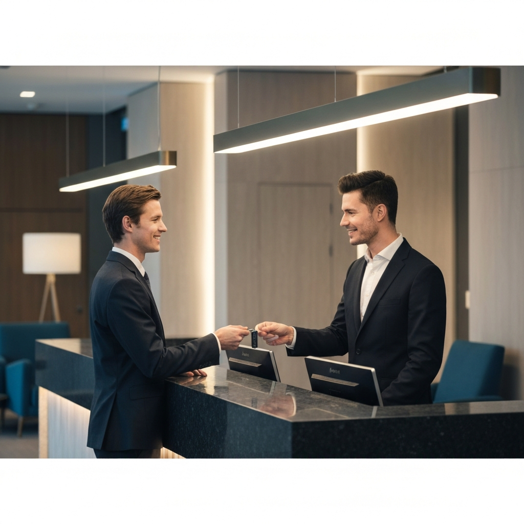 A person checking into a hotel at the front desk. The hotel lobby is modern and luxurious, with soft, ambient lighting and sleek, minimalist furniture. The receptionist is smiling and handing the person a room key.