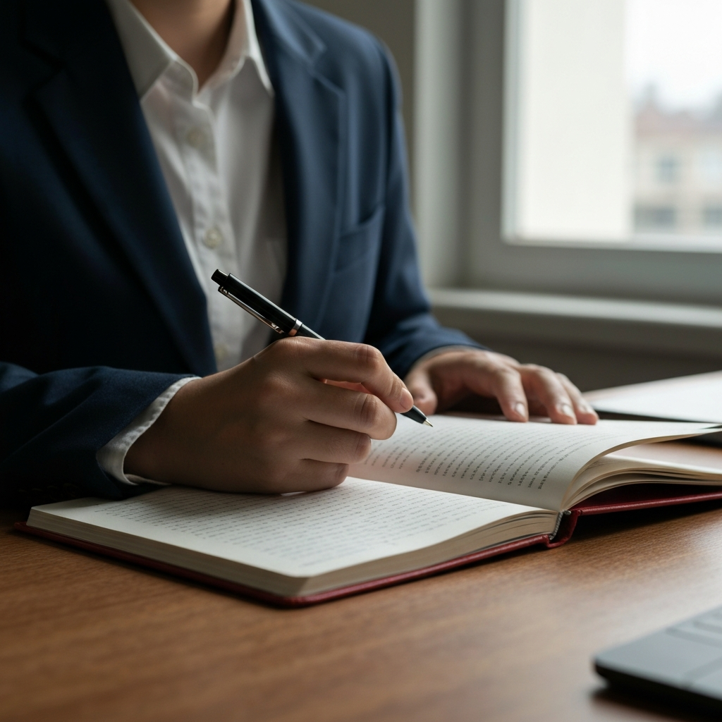 A close-up shot of a journal lying open on a wooden desk, a hand holding a pen hovering over the page, with soft, diffused light coming from a nearby window.