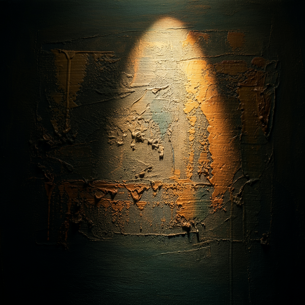 A textured canvas with visible brushstrokes and drips of paint, illuminated by a single spotlight, creating dramatic shadows.