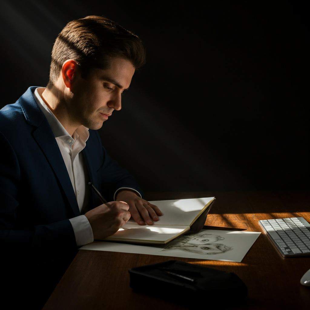 A person sitting at a desk, focused on sketching in a sketchbook, with natural light streaming in from a window and illuminating their face.