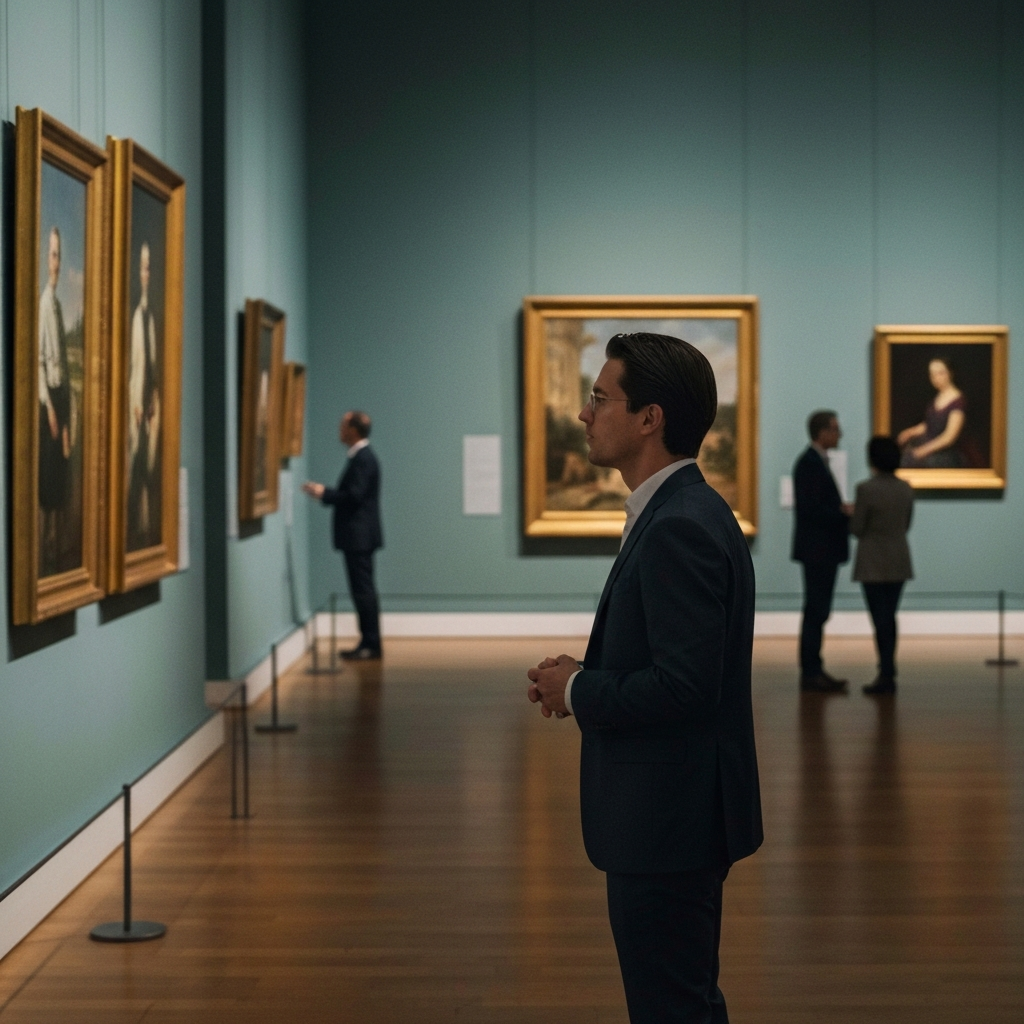 A brightly lit museum gallery with people admiring paintings on the wall, the scene bathed in soft, even lighting.