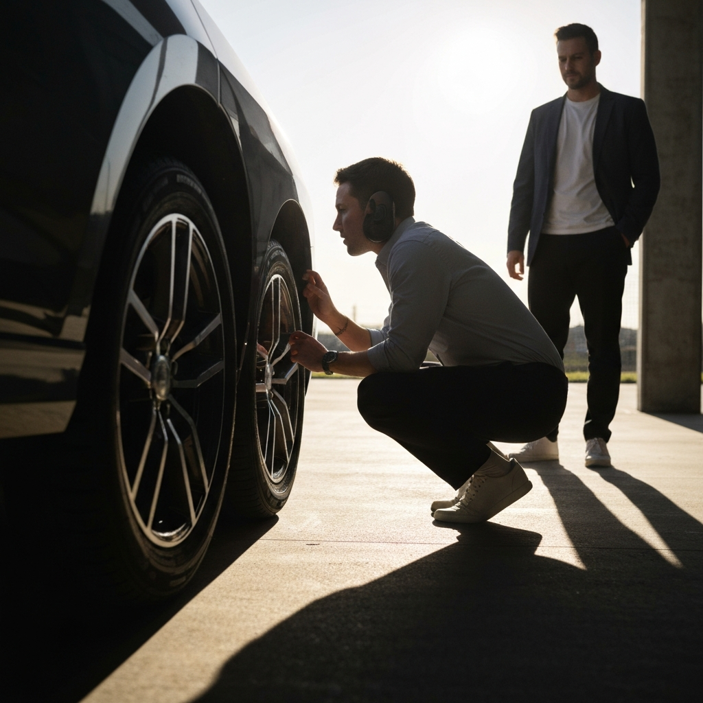 A person crouching near the wheel well of a car, listening intently, with sunlight casting long shadows. A second person stands a few feet away, observing.