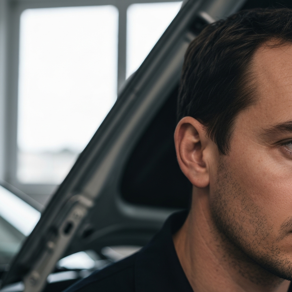 Close-up shot of a mechanic's ear near an open car hood, focusing on the texture of the metal and the mechanic's focused expression. Soft bokeh in the background.
