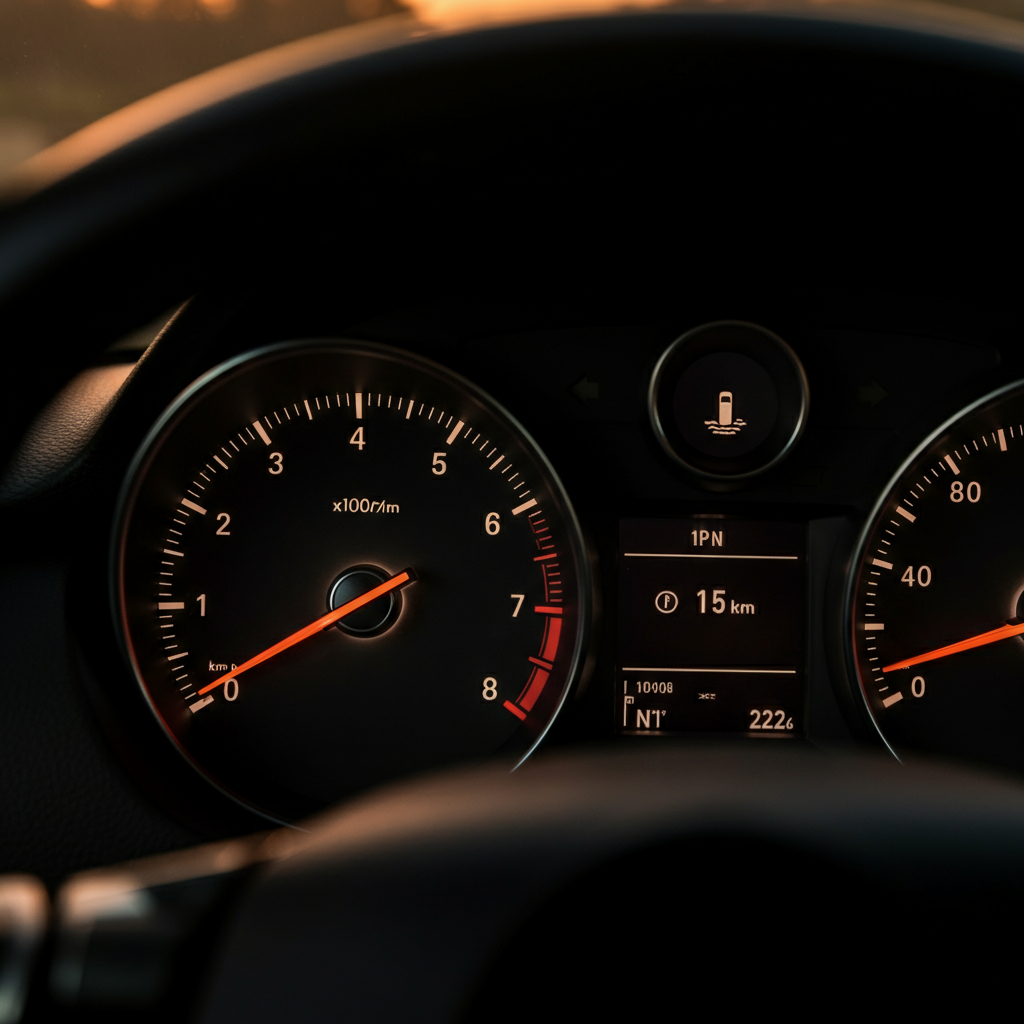 A car dashboard in soft, indirect lighting. Focus on the speedometer and tachometer needles. The rest of the interior is slightly blurred.