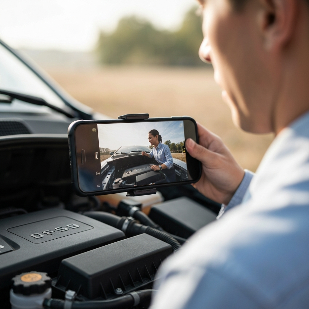 A smartphone recording the engine bay of a car. The phone is held steady by a car mount. The scene is brightly lit with natural light.