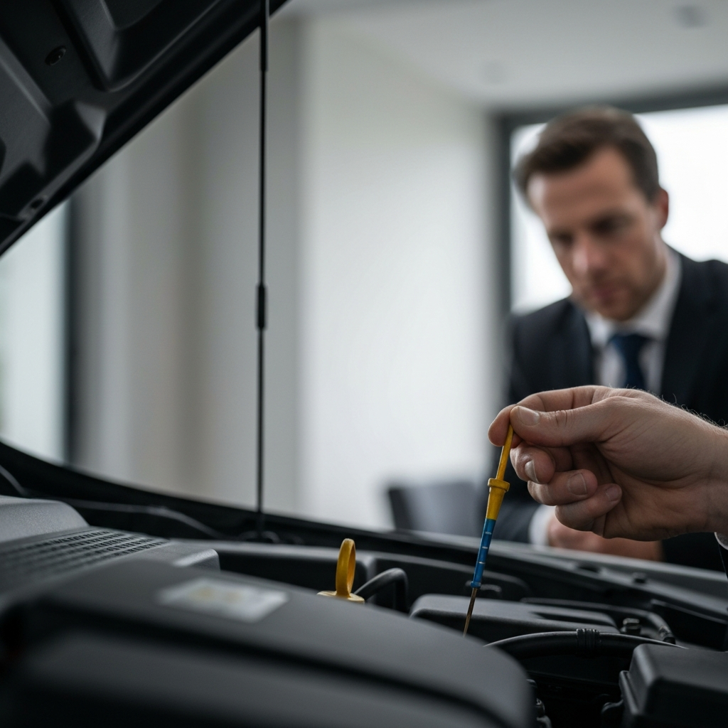 A person checking the engine oil level of a car. The dipstick is held up to the light, and the focus is on the oil level mark. The background is slightly blurred.