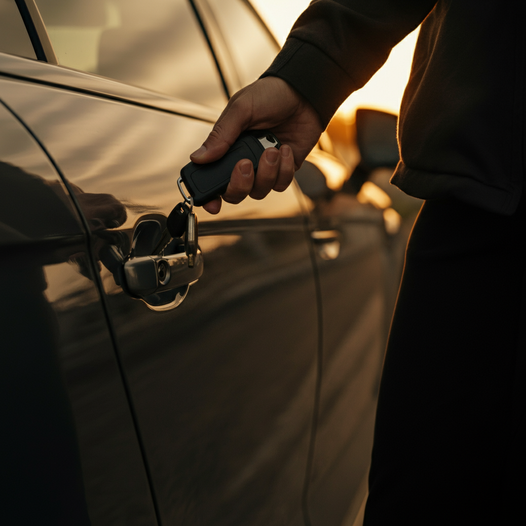 A hand inserting a car key into the driver's side door lock. Golden hour lighting casts a warm glow on the car's exterior. Focus on the key and lock mechanism.