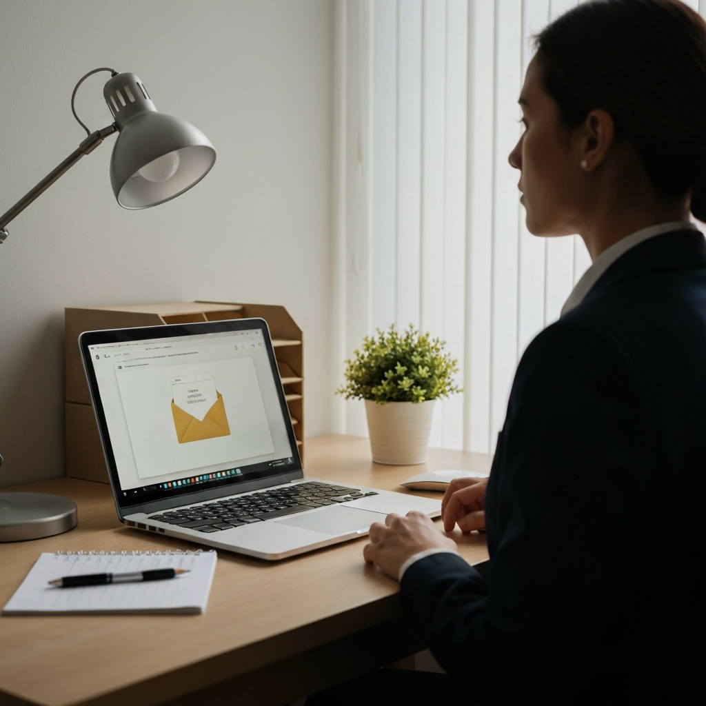 A neatly organized desk with a laptop displaying an empty email inbox. Soft, diffused natural light illuminates the workspace. A small potted plant adds a touch of serenity.