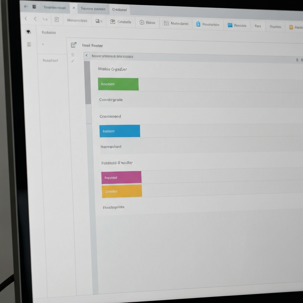 Close-up shot of a computer screen displaying a well-organized file directory. The folders are clearly labeled and color-coded. The lighting is soft and even, highlighting the text.