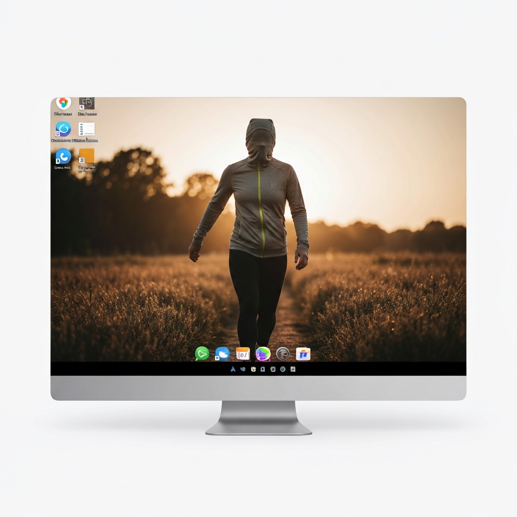 A minimalist computer desktop background featuring a nature scene. There are only a few essential icons neatly arranged along the bottom of the screen. Soft bokeh effect blurs the background slightly.