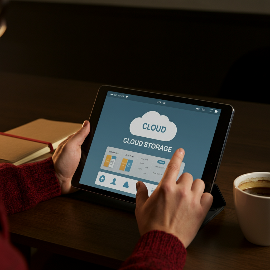 A person using a tablet to access a cloud storage account. The tablet is resting on a wooden desk, with a coffee cup and notebook nearby. Warm, indirect lighting creates a cozy atmosphere.