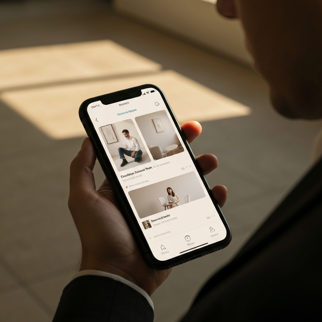 A smartphone displaying a social media app. The user is scrolling through a clean and curated feed with relevant content. Golden hour lighting casts a warm glow on the phone and the user's hand.