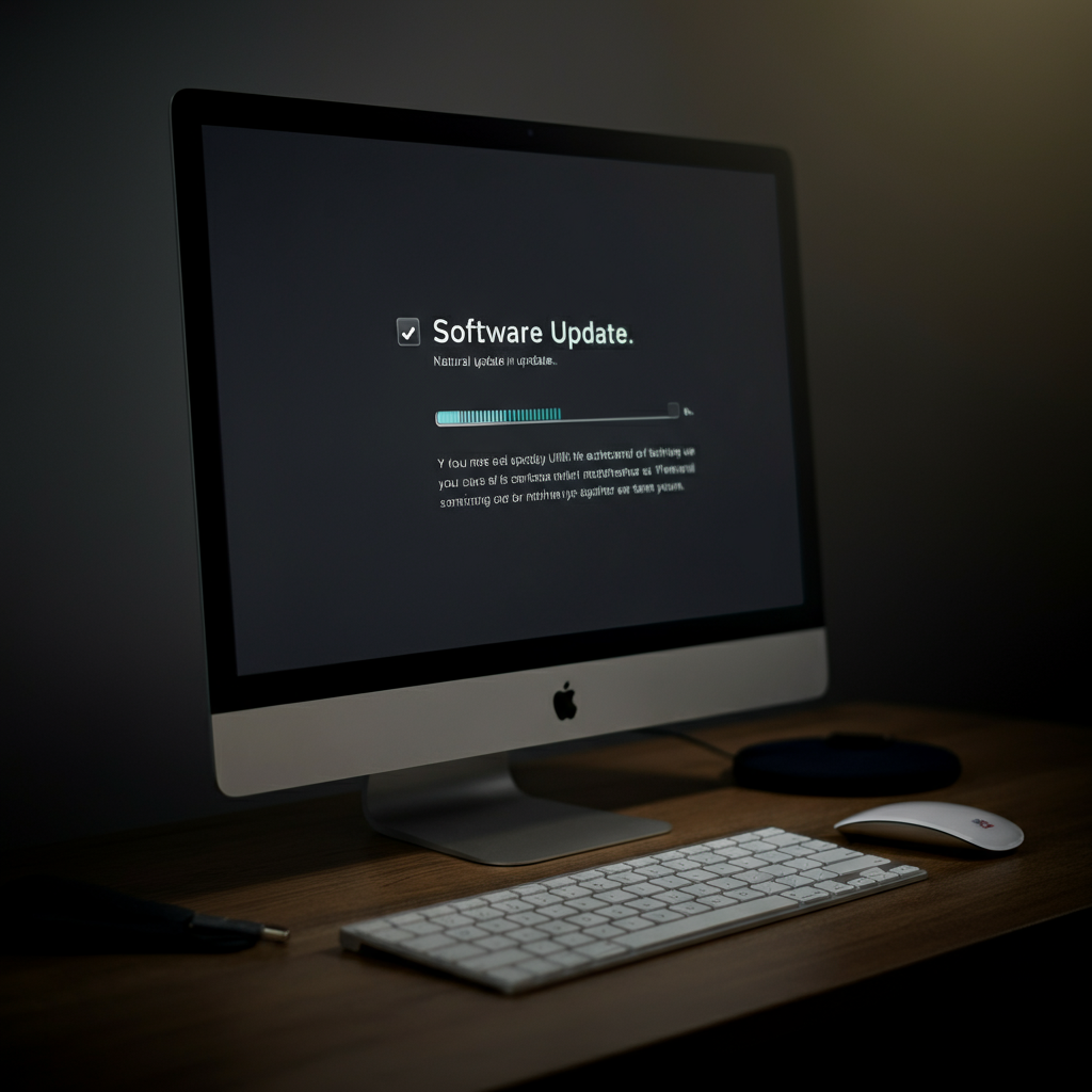 A computer screen displaying a software update progress bar. The background is blurred to focus on the updating process. The lighting is soft and neutral.
