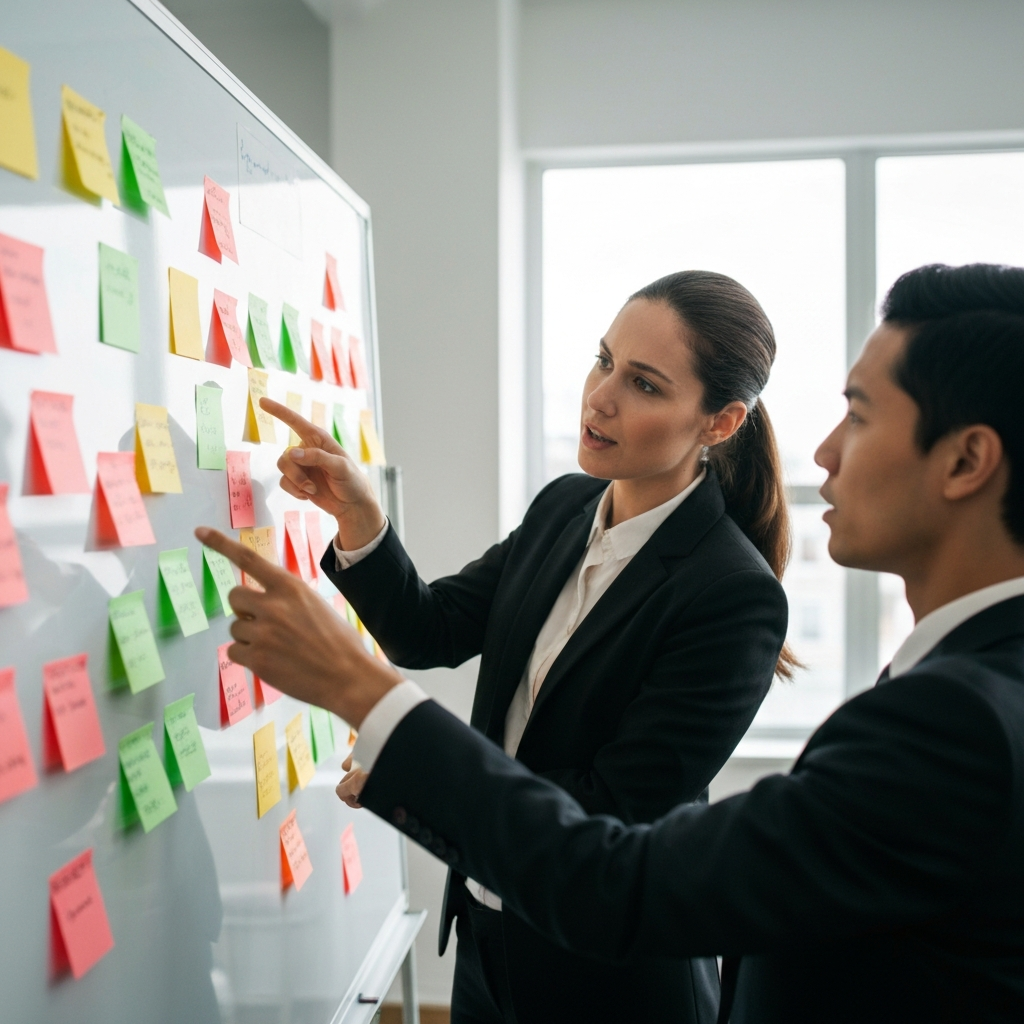A brightly lit office. Two people, professionally dressed, are brainstorming at a whiteboard covered in colorful sticky notes. One points to a note with a determined expression. The whiteboard is slightly blurred in the background to create depth of field.