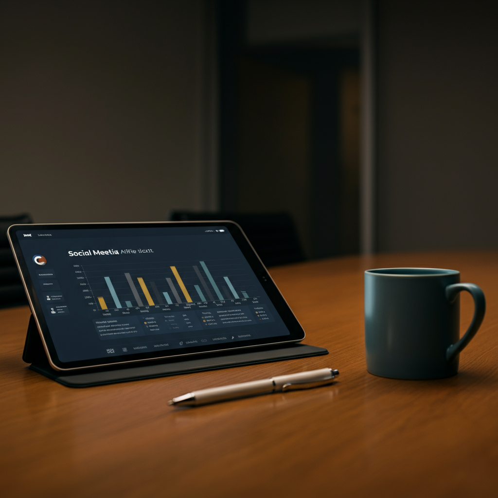 A conference table setting, featuring a tablet displaying social media analytics. A pen and notepad sit beside it, along with a ceramic coffee mug, all resting on a polished wooden surface. The room is lit by diffused natural light.