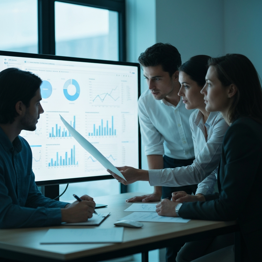 A team works collaboratively in a modern office space, gathered around a large screen displaying data visualizations. They are reviewing charts and graphs, with expressions of focused discussion. The ambient lighting is cool and professional.