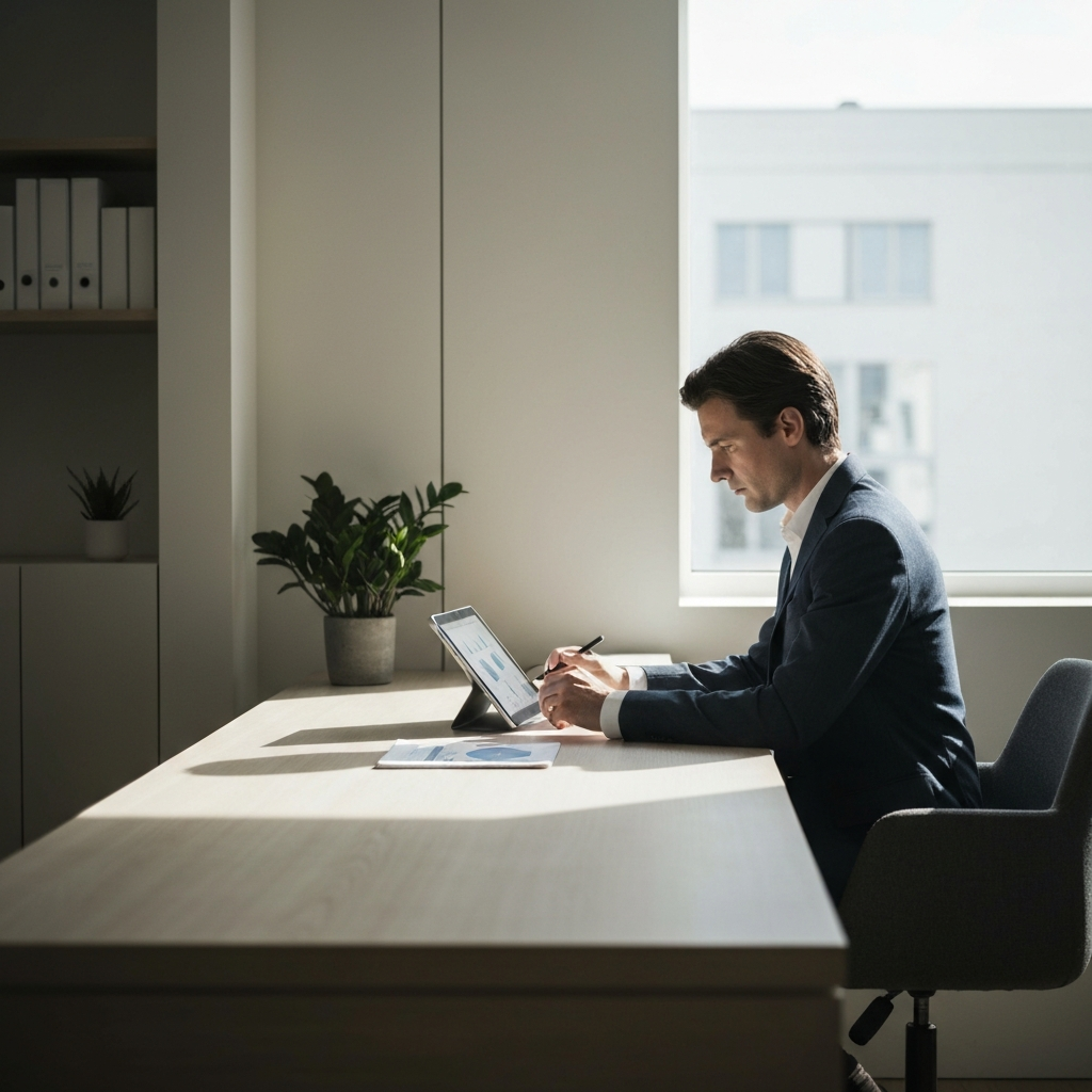 A person meticulously reviews data on a tablet, sitting at a desk with a minimalist design. Natural light streams in through a window, creating soft shadows on the desk. A plant adds a touch of life to the scene.