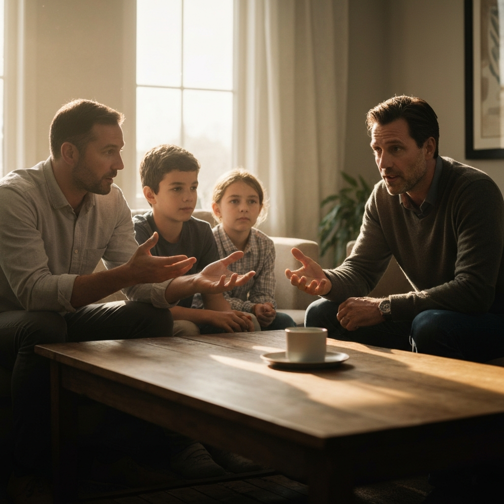 Wide-angle shot of a family of four sitting around a coffee table. Soft golden hour lighting streams in from a nearby window, illuminating dust motes in the air. The father is gesturing with his hands, while the mother and two children, a boy and a girl of roughly 10 and 13, are listening attentively. Focus on the textures of the wooden table and the comfortable, worn fabric of the sofa.