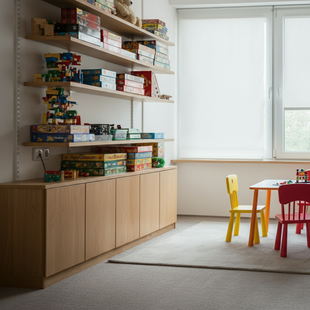 A brightly lit playroom. Shelves lined with board games and puzzles are on one wall. A small table with colorful chairs is in the center of the room. Natural light floods in from a large window. Focus on the organized arrangement of the toys and the inviting atmosphere of the room. Soft bokeh in the background.