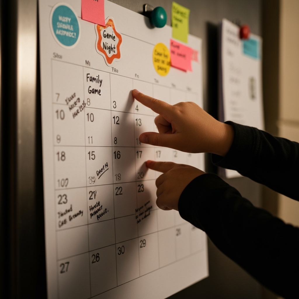 Close-up shot of a family calendar hanging on a refrigerator. The calendar is decorated with colorful stickers and handwritten notes. A young child's hand is pointing to a specific date marked "Family Game Night." Focus on the texture of the paper and the bright colors of the stickers. Shallow depth of field.