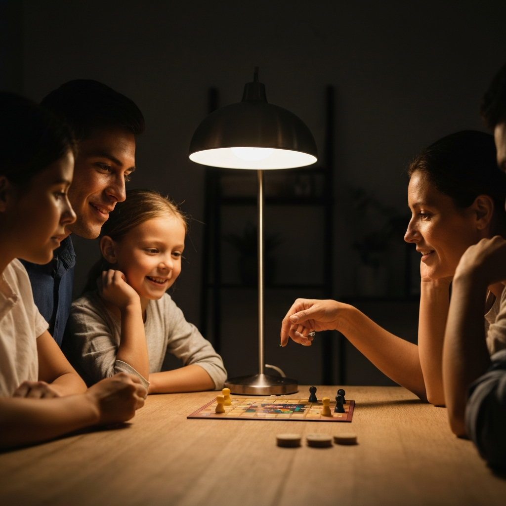A family playing a board game around a wooden table. The scene is warmly lit with a table lamp. The faces of the family members are illuminated, showing concentration and enjoyment. Focus on the details of the board game and the interaction between the players. Slight over-the-shoulder view.