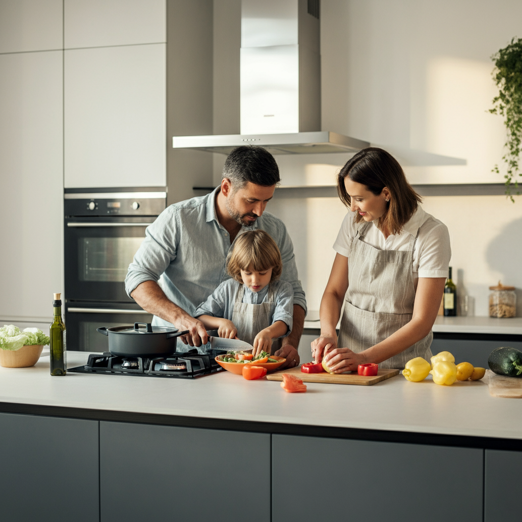 A family in a kitchen, preparing a meal together. The father is helping a child chop vegetables, while the mother is stirring a pot on the stove. The kitchen is brightly lit and clean. Focus on the interaction between the family members and the activity of cooking. Natural, ambient light.