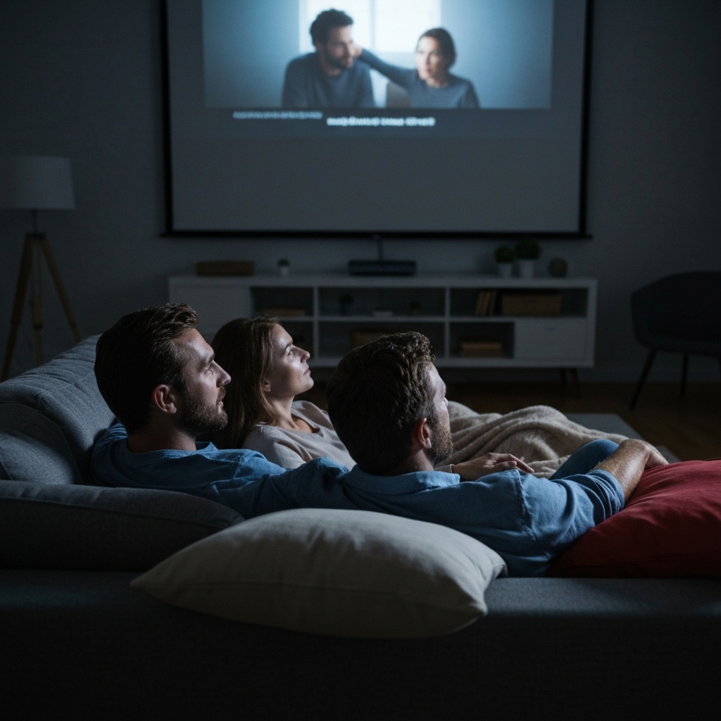 A living room dimly lit for a movie night. A family is huddled together on a sofa, watching a movie on a large screen. Soft light from the screen illuminates their faces. Blankets and pillows are scattered around. Focus on the expressions on their faces and the sense of togetherness. Low-key lighting.