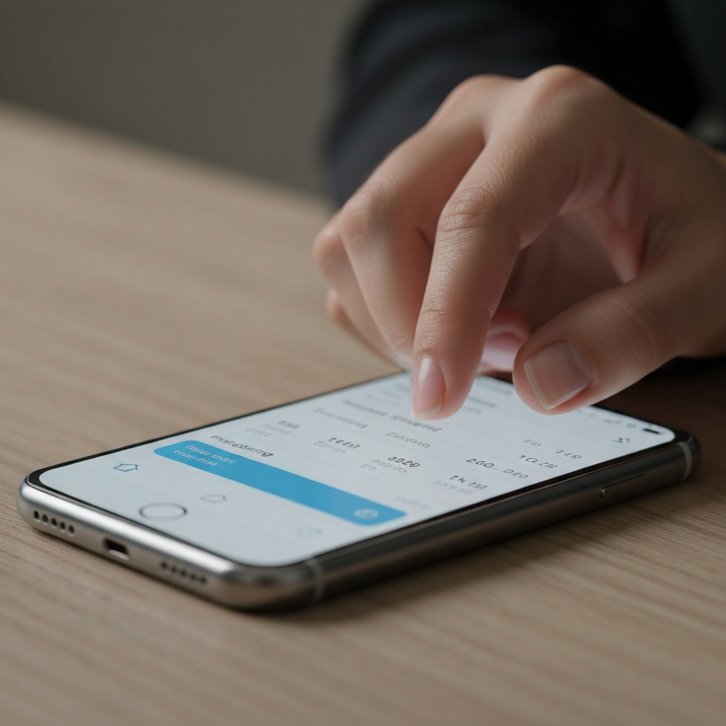 Close-up shot of a hand entering data into a budgeting app on a smartphone. The lighting is soft and diffused, highlighting the texture of the phone's screen and the user's hand. Focus on the details like the app's interface and the user's clean, well-manicured nails.