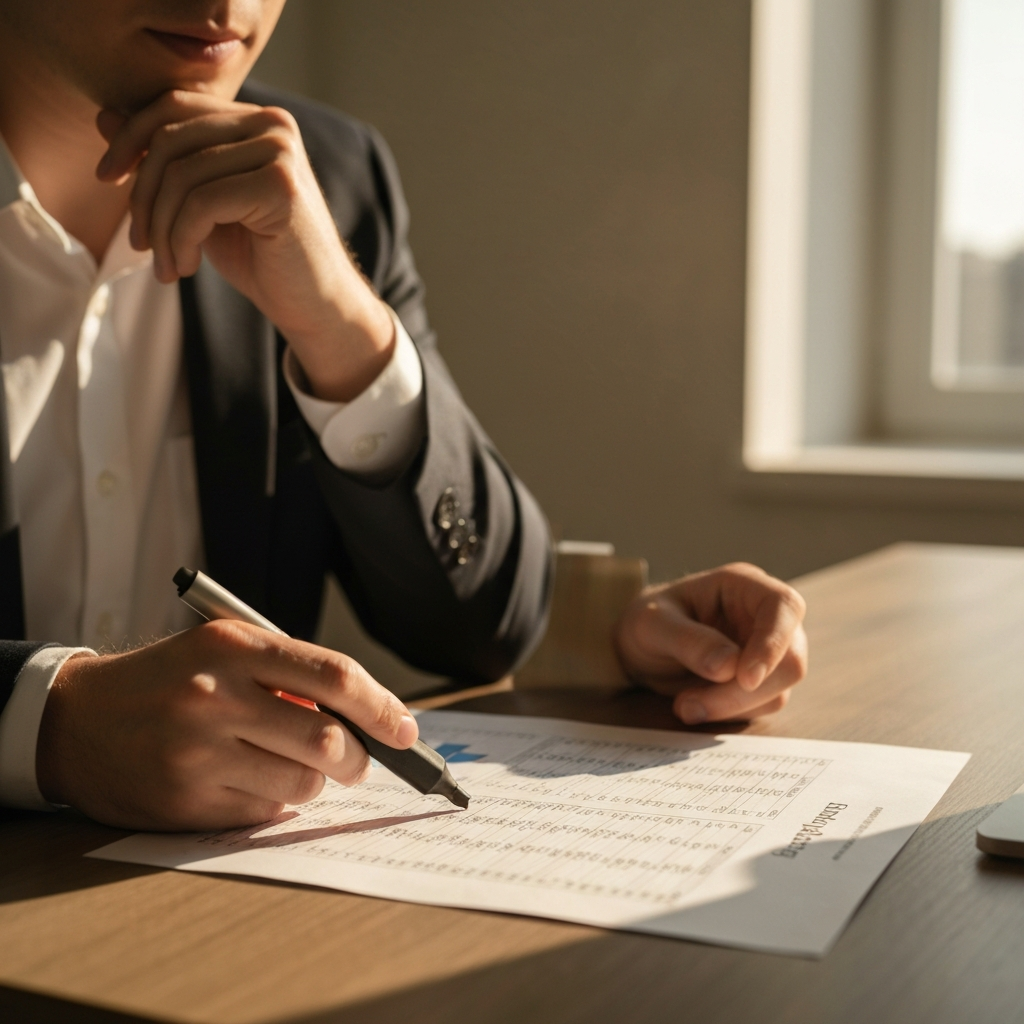 A person sitting at a desk, reviewing a printed budget spreadsheet with a highlighter in hand. The lighting is warm and inviting, possibly golden hour sunlight filtering through a window. Focus on the texture of the paper and the thoughtful expression on the person's face.