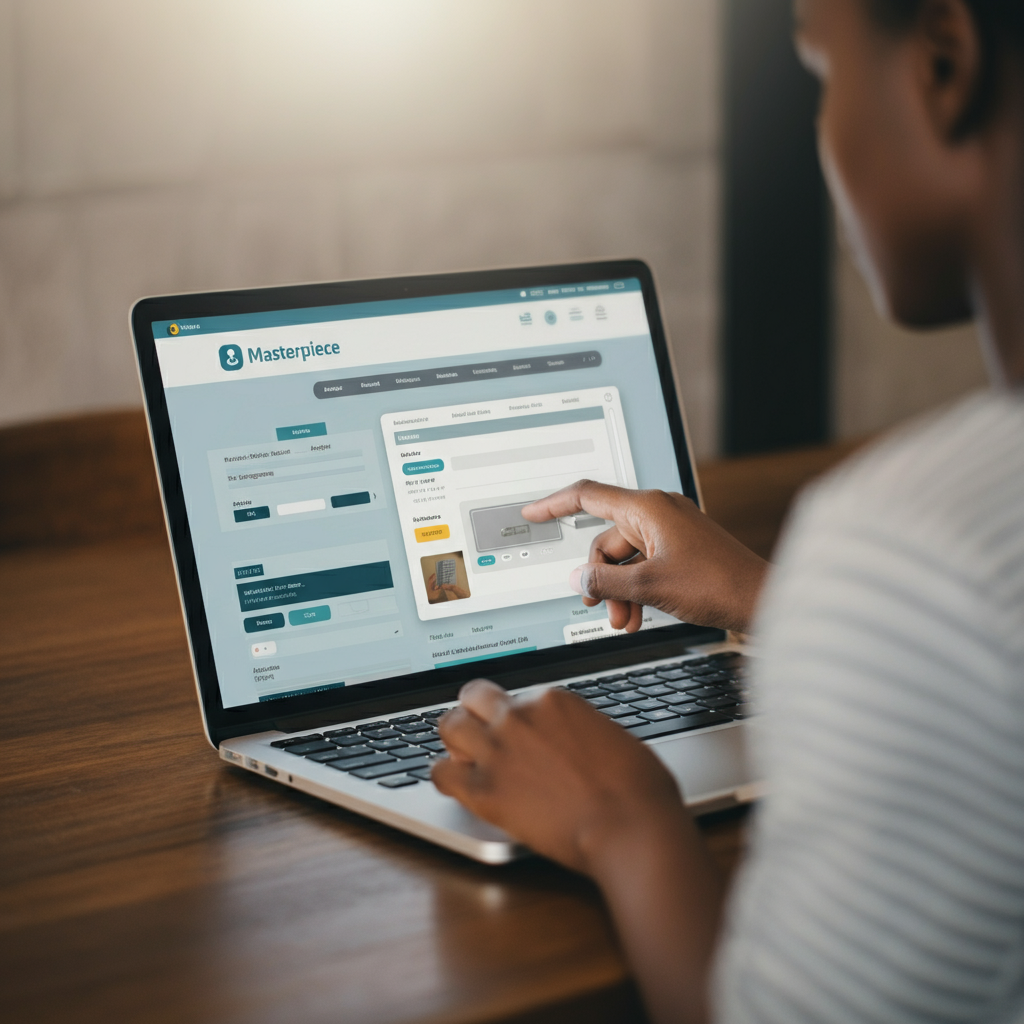 A laptop screen displaying online banking interface, showing a recurring automatic transfer being set up. The background is blurred, emphasizing the focus on the laptop and the details of the banking website. The lighting is even and professional.