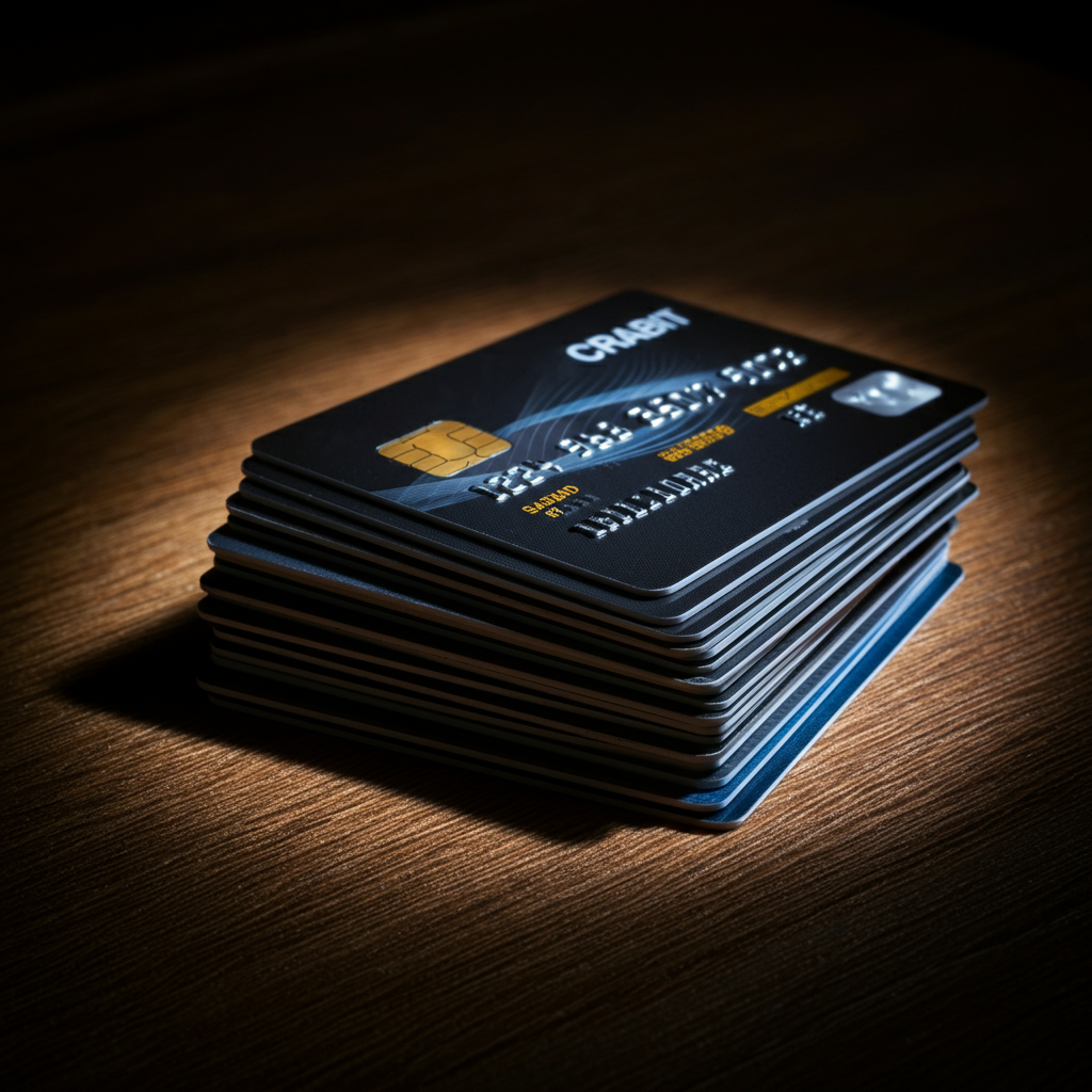 A collection of credit cards neatly arranged on a wooden surface. The lighting is dramatic, casting shadows that emphasize the texture of the cards and the wood. The arrangement is intentional, suggesting organization and control.