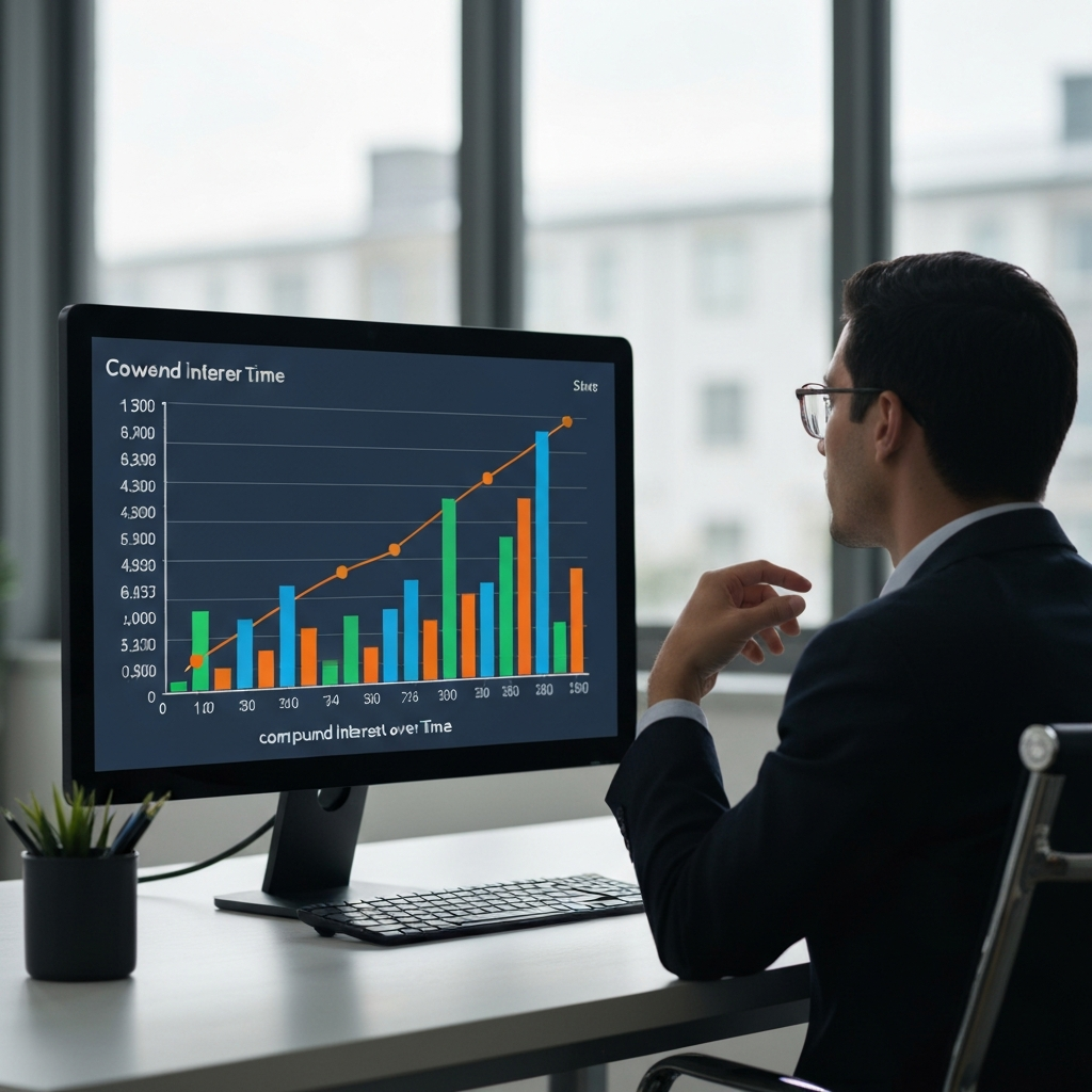 A graph showing the power of compound interest over time. The graph is displayed on a monitor in a brightly lit office. The colors are vibrant and easy to understand.