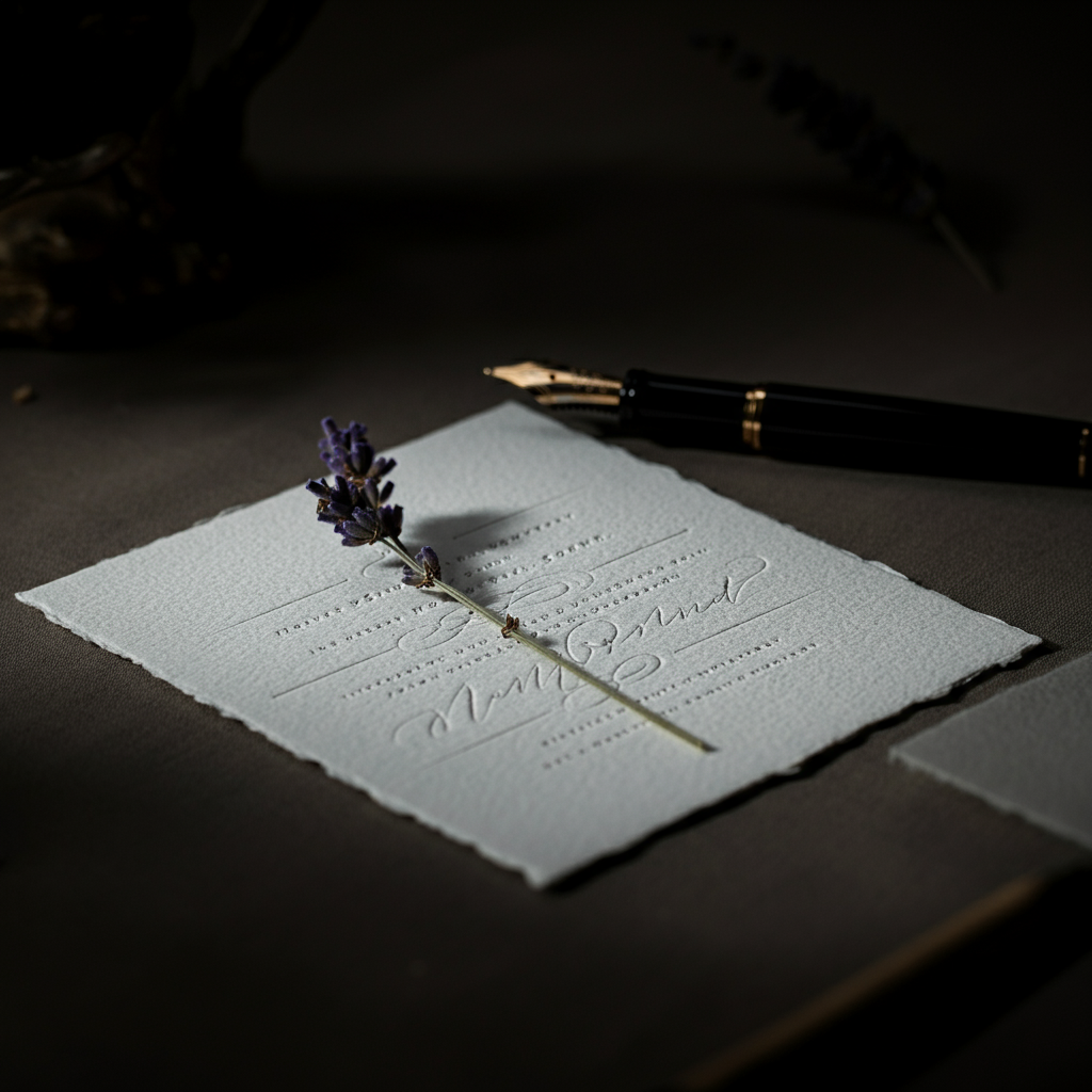 A close-up of a handwritten invitation on thick paper, adorned with a small sprig of dried lavender. Soft, diffused light highlights the texture of the paper. A fountain pen rests beside it.
