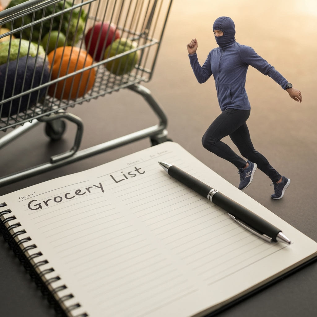 A grocery list neatly written in a notebook next to a pen. A partially filled shopping cart is visible in the background with fresh produce peeking out. The lighting is bright and clean.