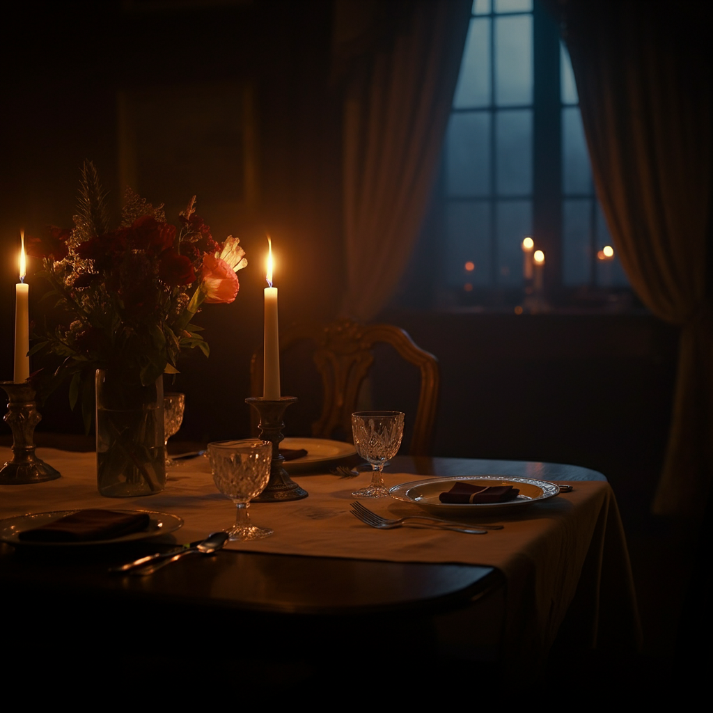 A dimly lit dining room with a beautifully set table. Candles flicker, casting warm light on the scene. Soft music plays in the background. The overall impression is cozy and inviting.