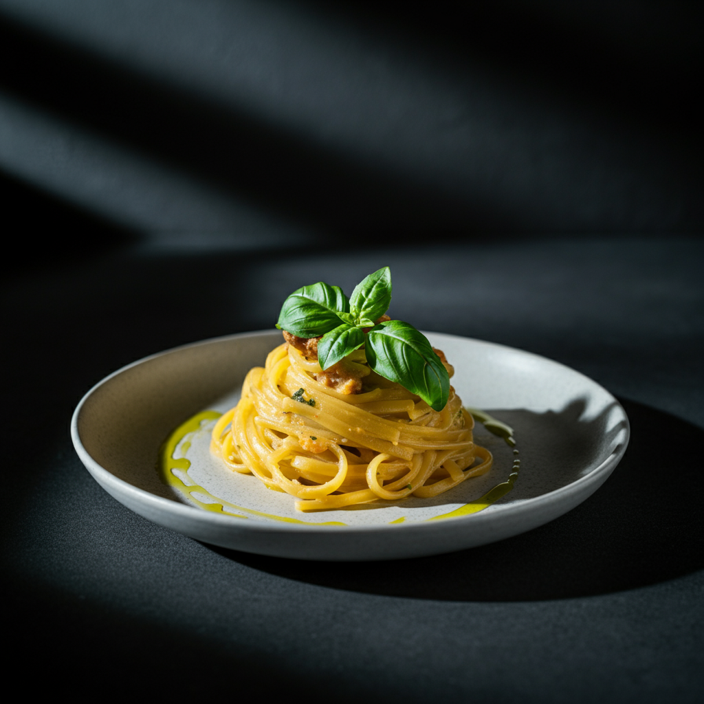 A beautifully plated dish of pasta, garnished with fresh basil and a drizzle of olive oil. The lighting is bright and highlights the texture of the pasta and the vibrant color of the basil.