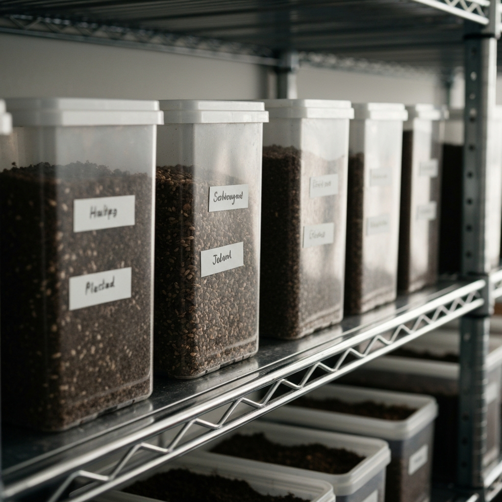 Close-up of airtight containers filled with soil and seeds. Labels are neatly written on each container. The containers are arranged on a sturdy metal shelf in a well-lit storage area. Focus on the textures of the containers and the soil within.