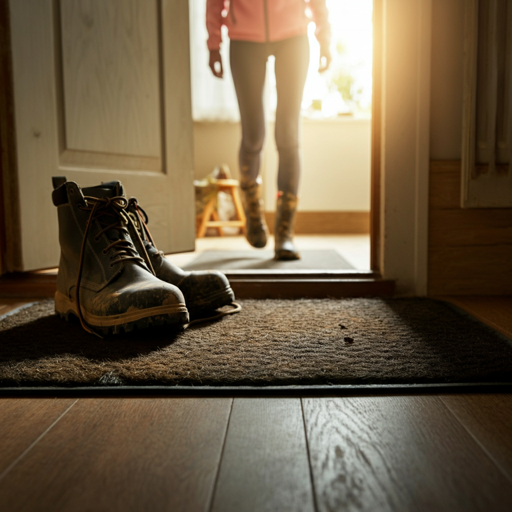 A close-up shot of a durable, textured doormat with subtle dirt markings. A pair of muddy gardening boots is placed neatly on the mat. Natural light streams in from an open doorway, illuminating the texture of the mat and the boots.