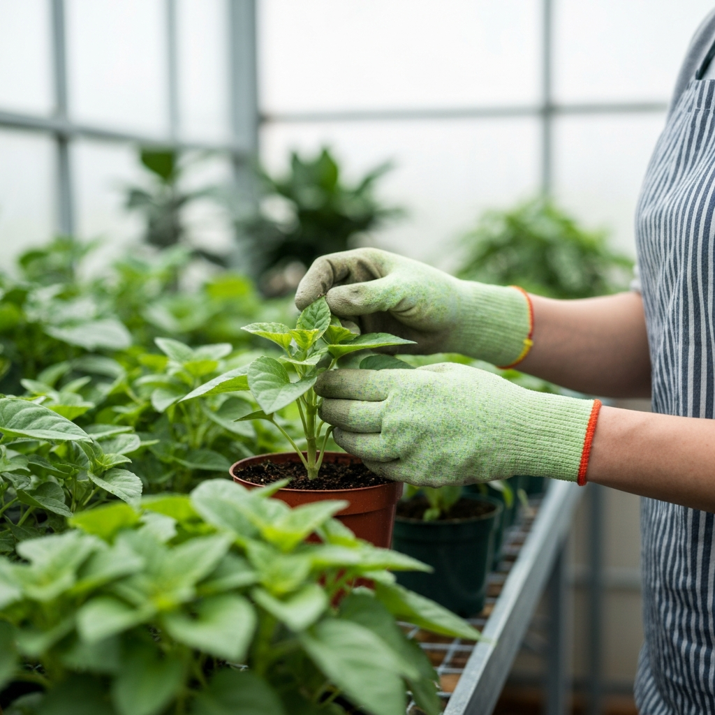 A person wearing gardening gloves carefully inspecting the leaves of a small potted plant for pests. Soft focus on the background shows other healthy plants in a bright greenhouse. Natural light highlights the green foliage.