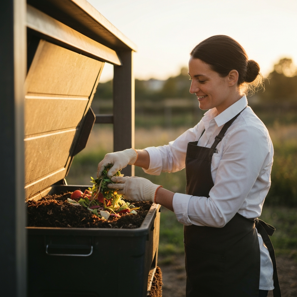 A side-lit compost bin in a well-ventilated outdoor area. Golden hour lighting highlights the textures of the compost material. A person wearing gloves is adding vegetable scraps to the bin, with a gentle smile.