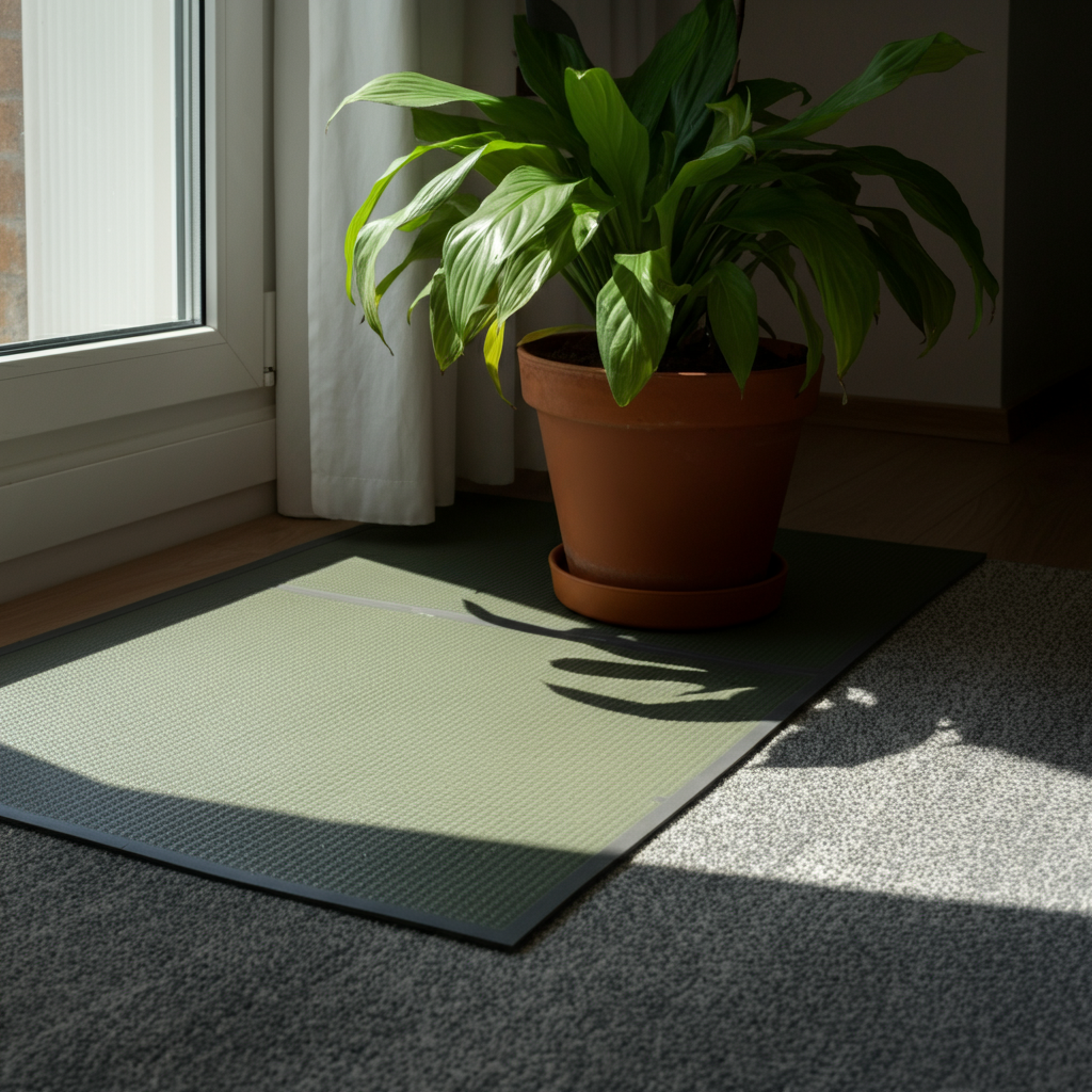 A bright living room with a potted plant resting on a waterproof mat. Natural light streams in from a nearby window, highlighting the plant's healthy leaves and the textures of the mat and rug.