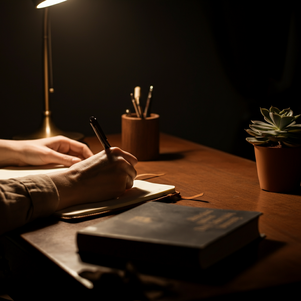 A warmly lit study with a person writing in a leather-bound journal at a wooden desk. Soft bokeh from a nearby lamp creates a cozy, introspective atmosphere. The desk also holds a small succulent and a worn copy of "Man's Search for Meaning."