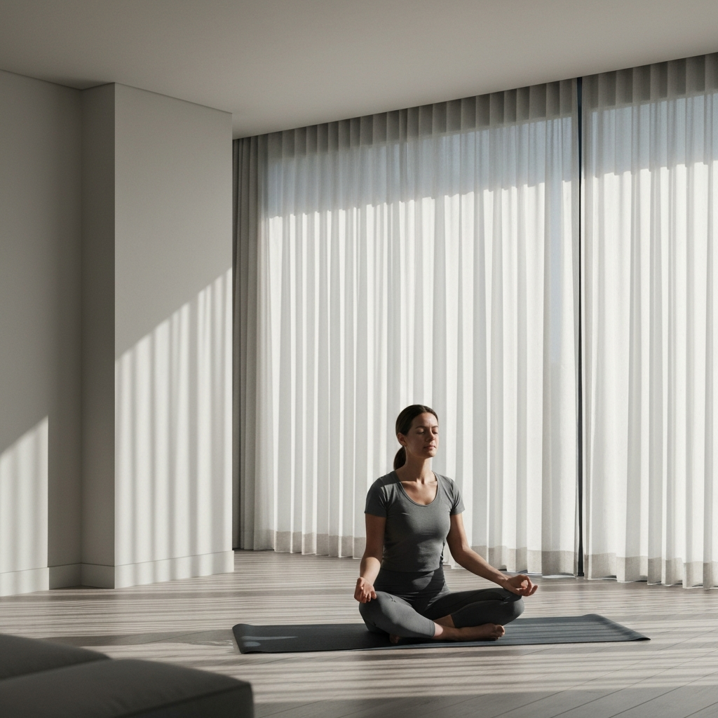A person sitting cross-legged on a yoga mat in a sun-drenched room, eyes closed in meditation. Diffused sunlight filters through sheer curtains, casting soft shadows. The room is minimalist and serene.